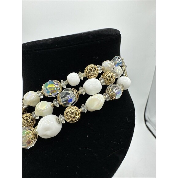 Vendome Coro Necklace Vintage Three 3 Strands Gold Cage Milk Glass Beads - Picture 5 of 12